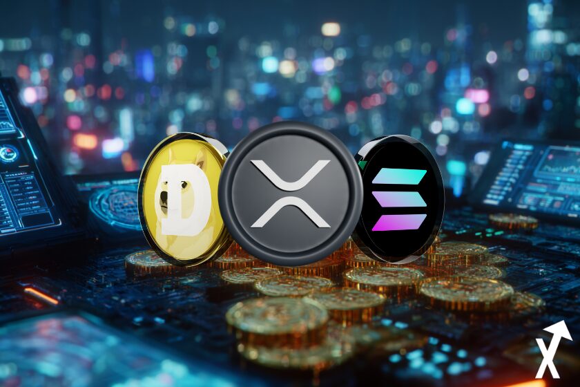 solana xrp dogecoin coins sur fond ville futuriste crypto vibe