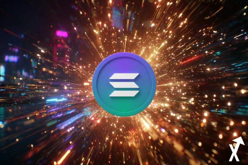 solana coin bleu et blanc violet sur fond explosion moteur marché crypto orange electrique