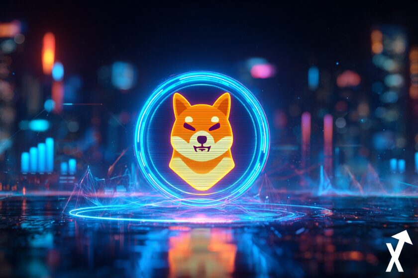 shiba inu crypto coin lumineux neon, sur fond bleu trending chart