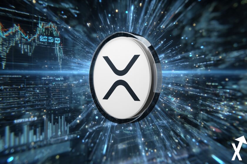 xrp jeton noir blanc sur fond spatial bleu blanc etoiles cryptos