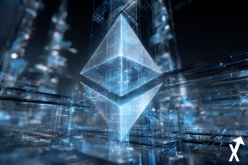 ethereum logo bleu sur fond blockchain crypto