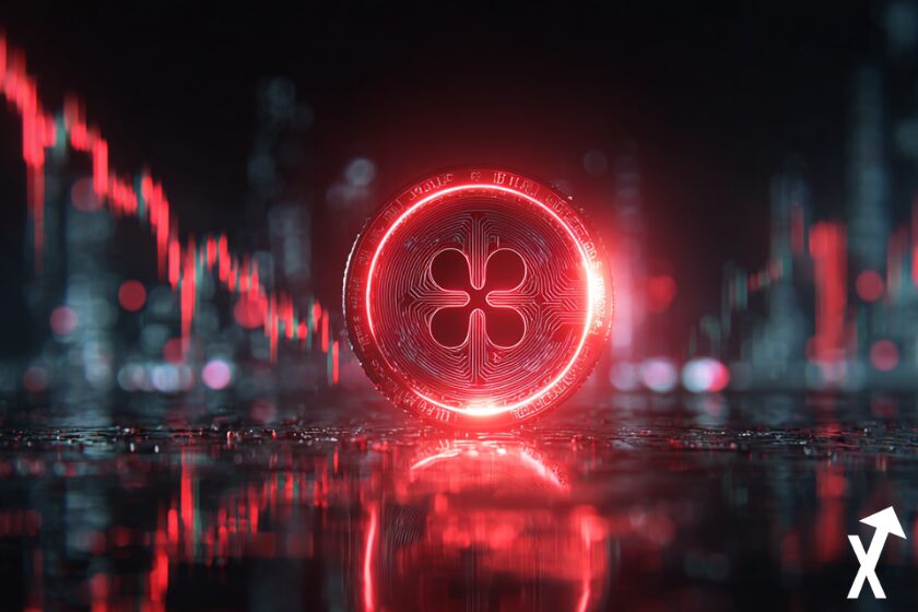xrp coin rouge neon sur fond trading chart descendant