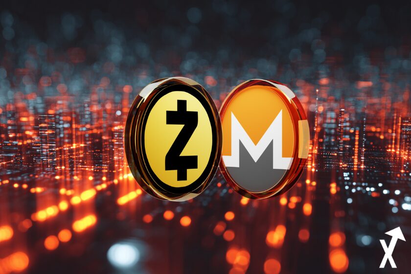 MONERO ZCASH coins orange noir blanc sur un fond blockchain de même couleurs, cryptos vibe