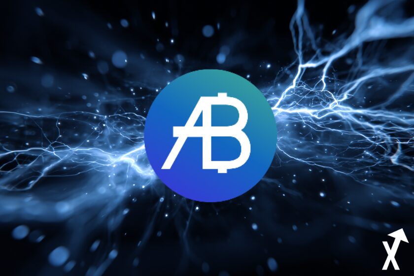 AB CRYPTO coin bleu blanc sur fond blockchain bleu blanc