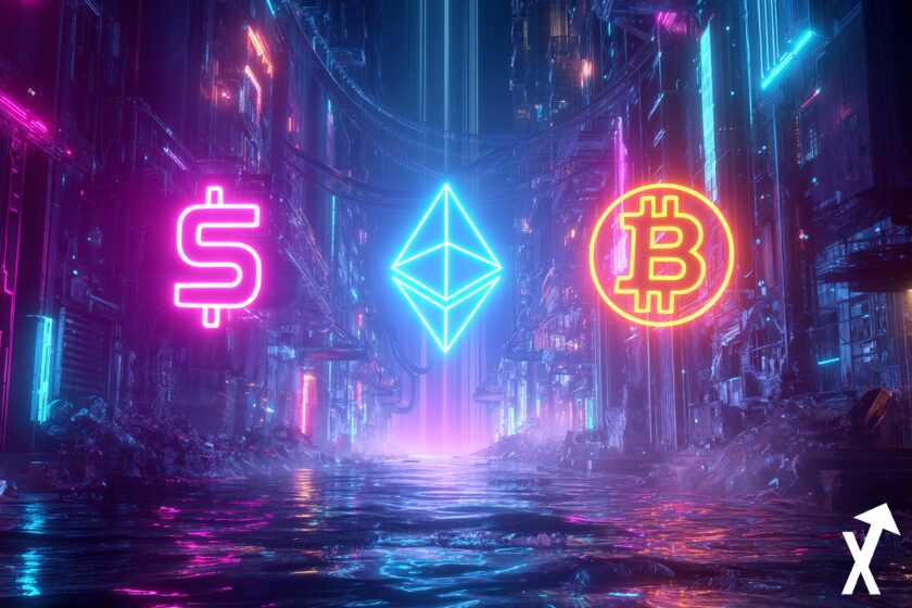 solana ethereum bitcoin coins neon coloré sur fond de ville futuriste
