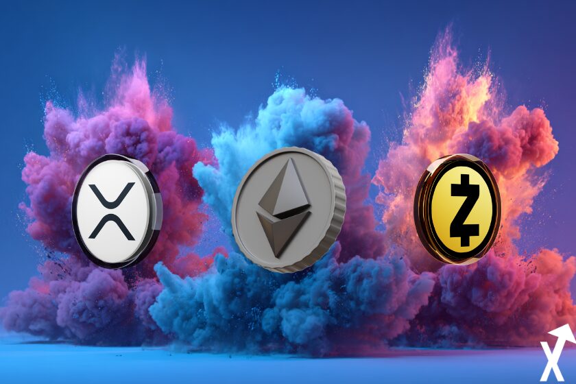 ethereum zcash xrp ripple coins sur fond explosion colorées