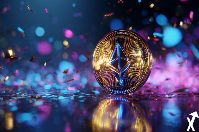 Ethereum coin eth coloré sur fond bleu violet doré