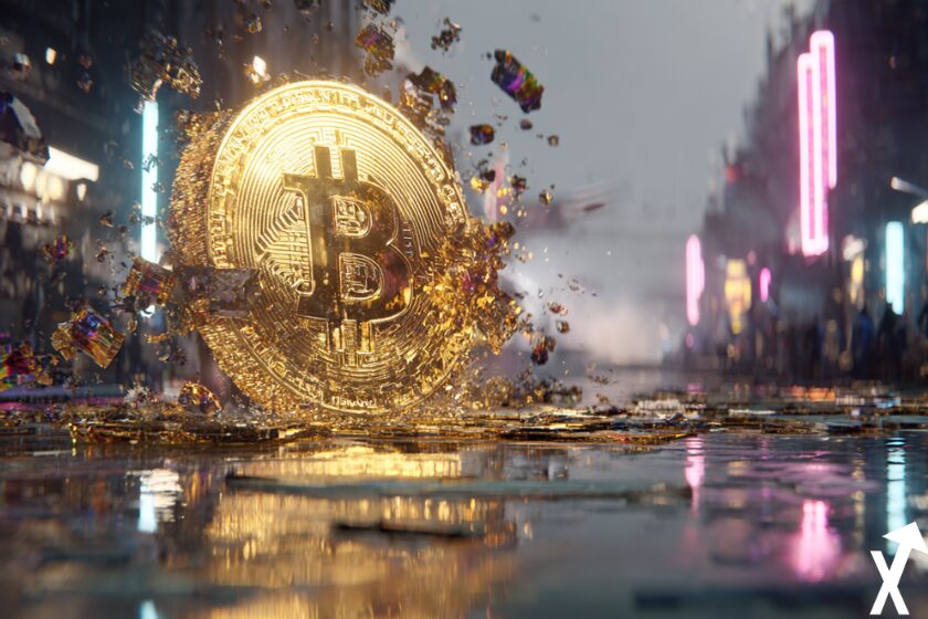 bitcoin logo coin doré sur fond ville future crypto