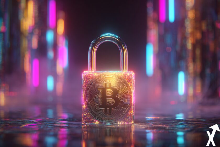 Bitcoin wallet crypto sécurisé par cadenas sur fond blockchain futuriste colorée