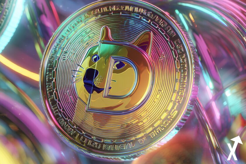 dogecoin jeton doré et coloré sur fond multicolor crypto
