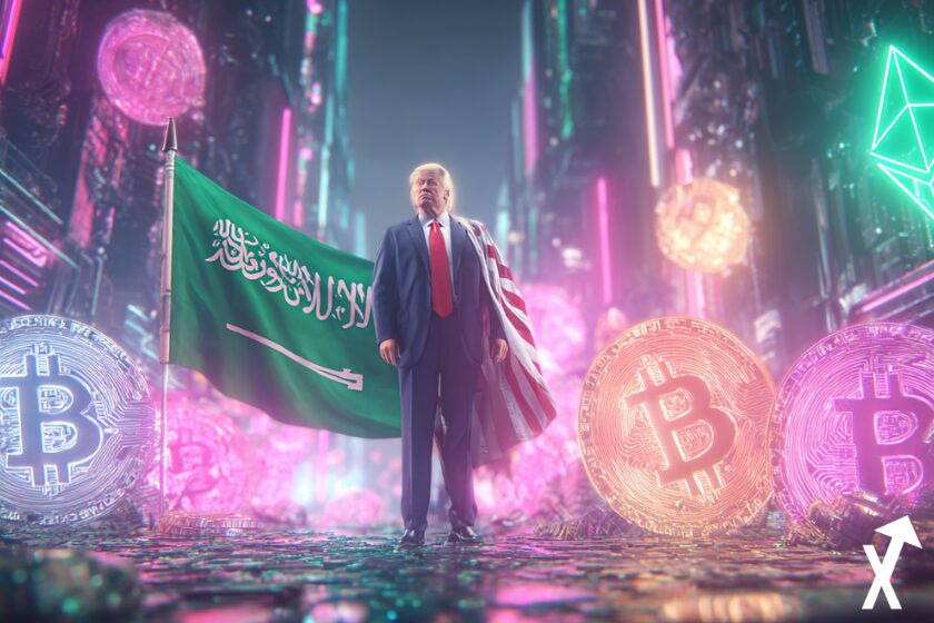 trump crypto arabie saoudite et usa drapeaux, sur fond crypto ville futuriste jeton ethereum et bitcoin colorés