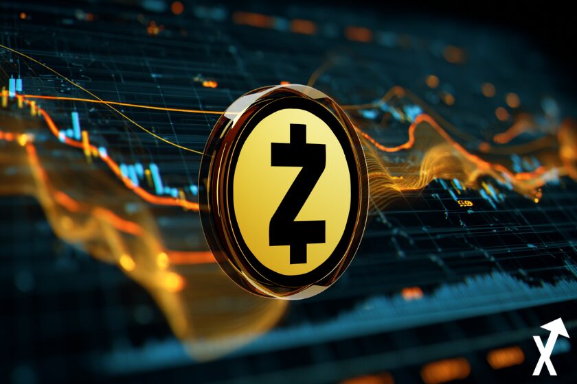 zcash coin orange noir sur fond trading chart coloré