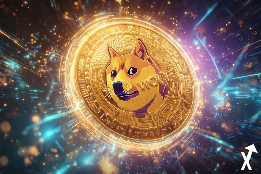 dogecoin jeton doré sur fond electrique crypto