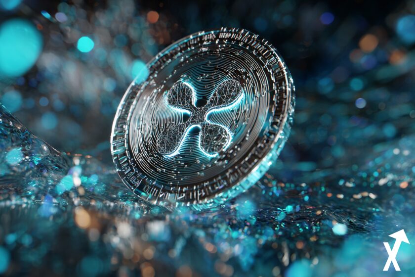 xrp coin bleu argent sur fond coloré bleu