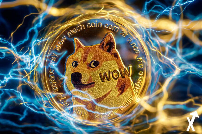 dogecoin doré coloré electrique sur fond blockchain en fusion