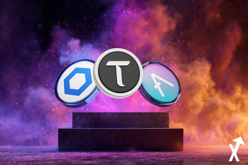chainlink tao bittensor et aave coins sur fond podium coloré cryptos