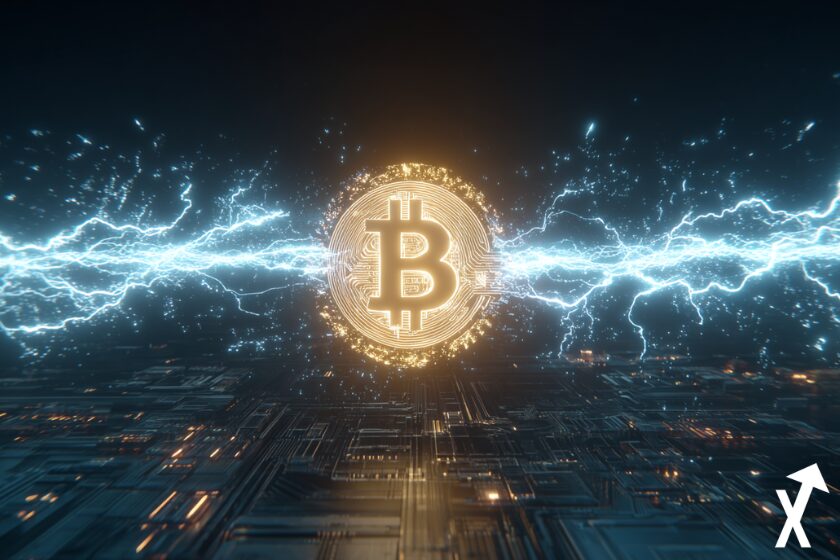 bitcoin entouré d'une energie electrique logo en doré