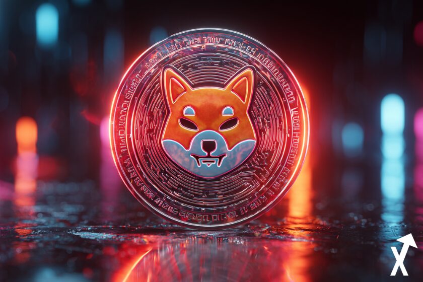 shiba inu coin couleur feu sur fond futuriste crypto