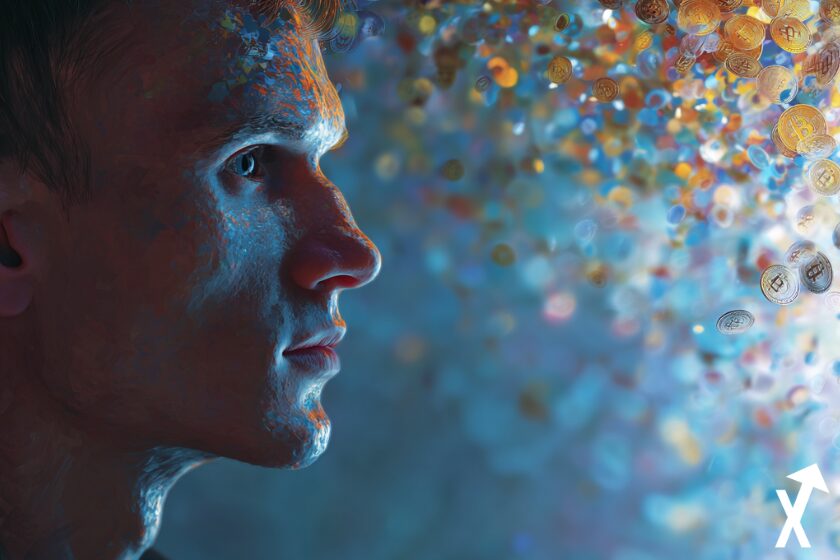 Portratit vitalik buterin sur crypto pluie sur la droite, couleurs bleus blanches