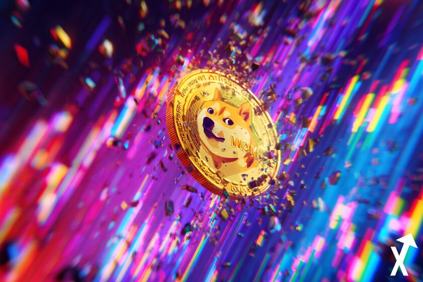 dogecoin jeton chutant sur fond coloré lumineux