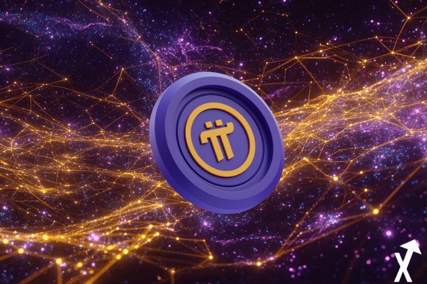 pi network coin violet jaune sur fond univers blockchain crypto