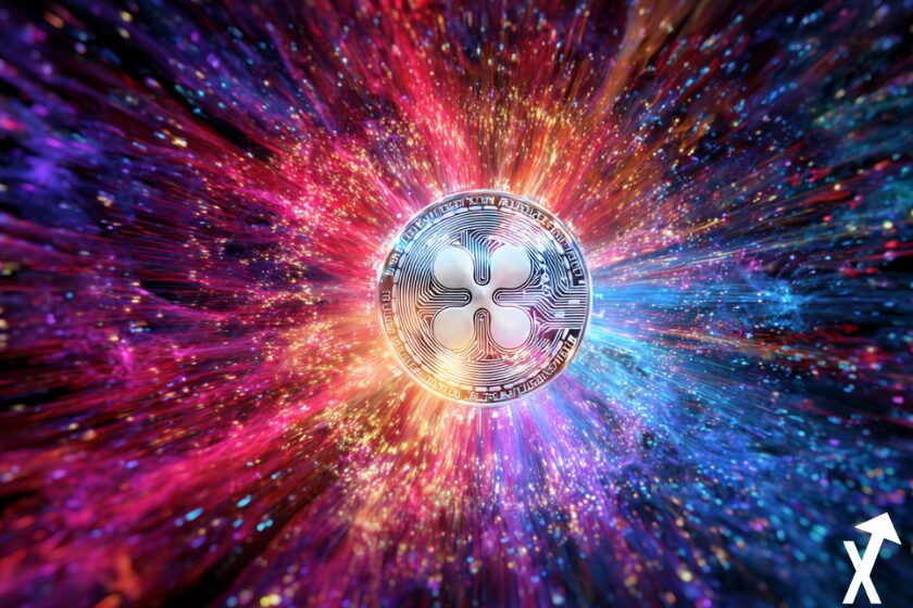 xrp coin centré coloré sur fond crypto univers rouge bleu blanc