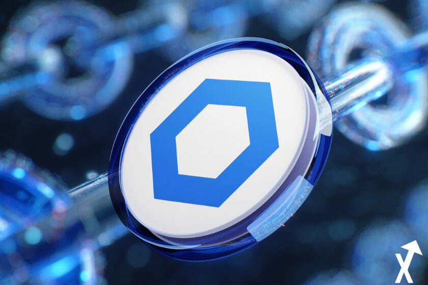 chainlink coin bleu blanc sur une chaine bleue