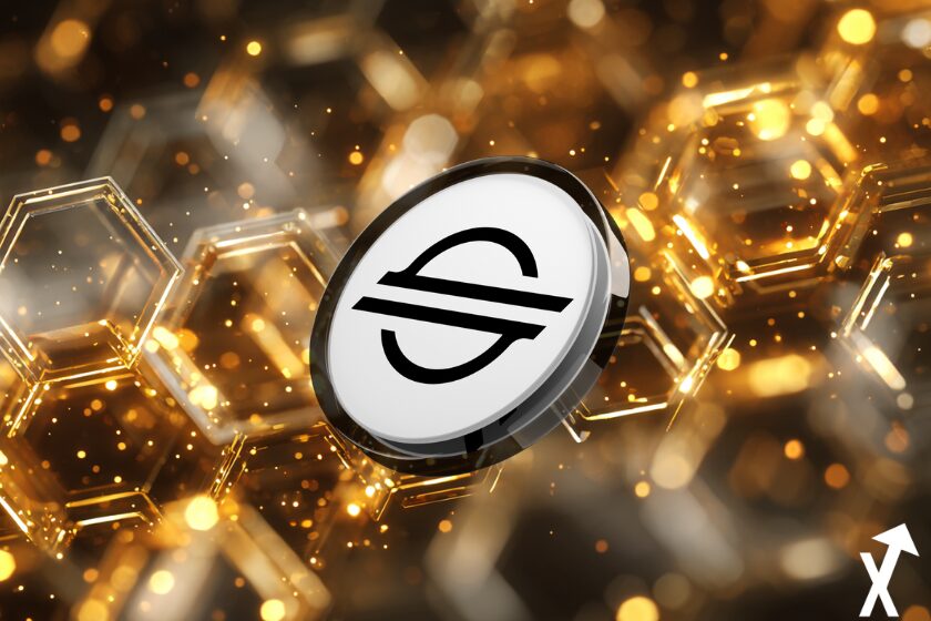 stellar xlm coin blanc noir sur fond blockchain jaune dorée