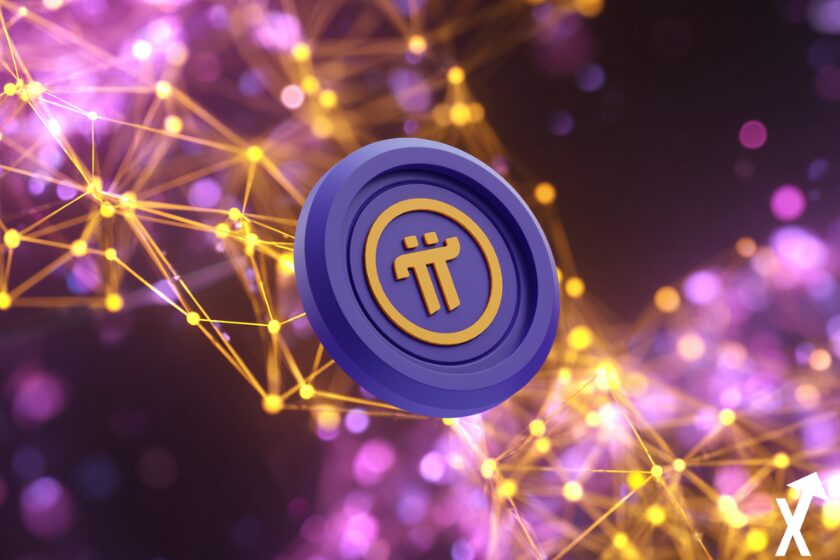 pi coin violet jaune sur fond blockchain violet jaune coloré
