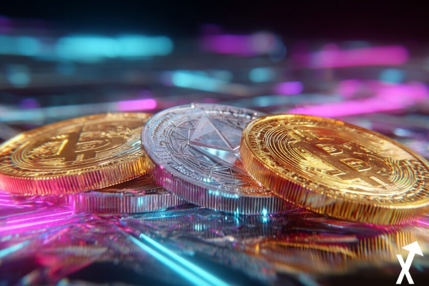 ethereum bitcoin coins doré et argenté sur fond coloré