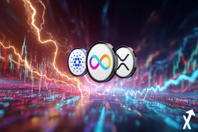 ada cardano xrp ripple icp internet computer 3 jetons cryptos sur fond electrique eclairs et trendings charts colorés