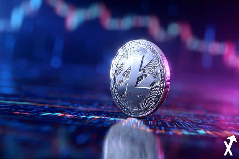 litecoin ltc jeton argenté sur fond trending chart bleu violet
