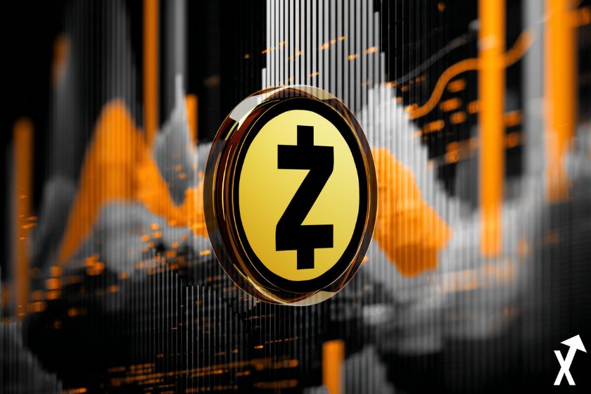 zcash coin orange noir blanc sur fond courbe trading trending chart orange grise