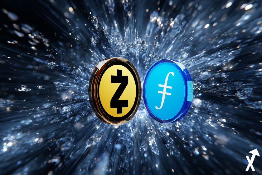 zcash et filecoin jetons cryptos orange noir et bleu blanc sur fond coloré