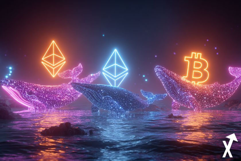 baleines cryptos de couleurs bleue, violet rose, logo ethereum et bitcoin blockchains ocean