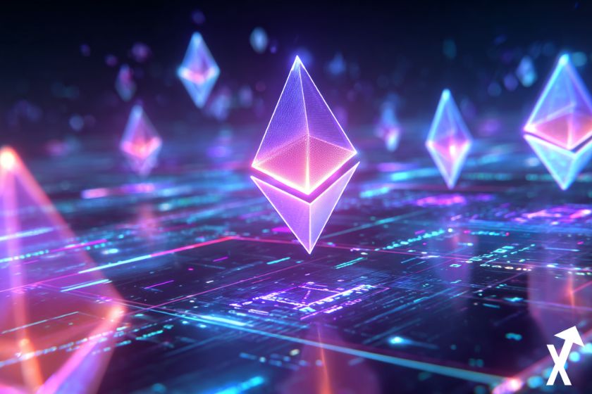ethereum glowing violet logo, sur fond futuriste rose violet et bleu blockchain environnement