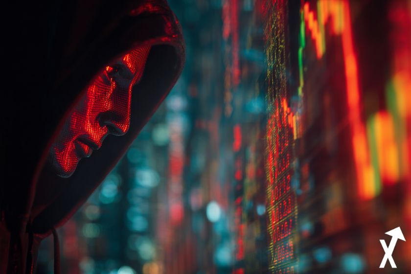 crypto hacker en noir avec capuche, sur fond trending charts rouge et vert