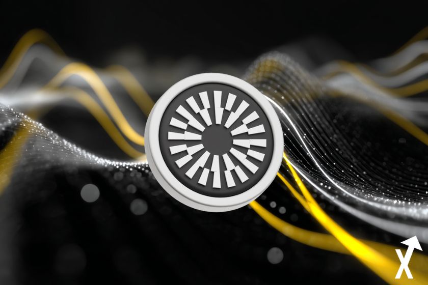 MANTLE MNTL Coin noir blanc sur fond noir blanc et jaune crypto courbes