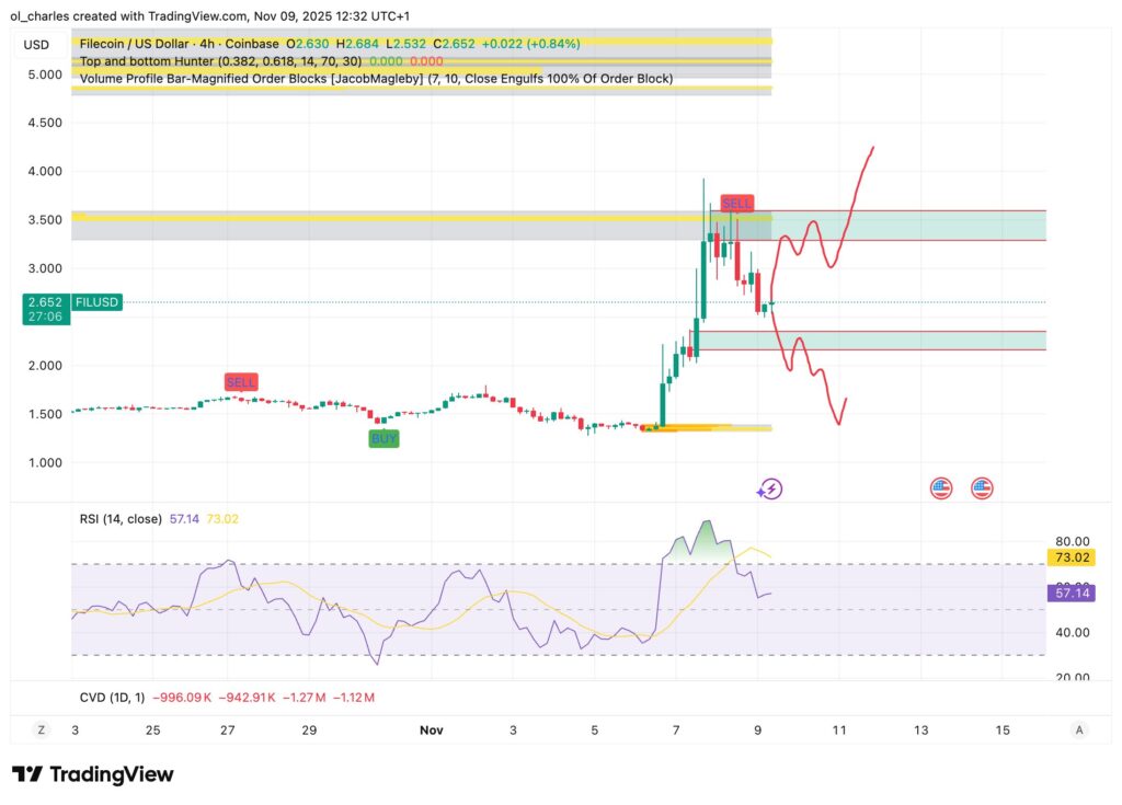 cours du Filecoin avec Order Blocks et RSI