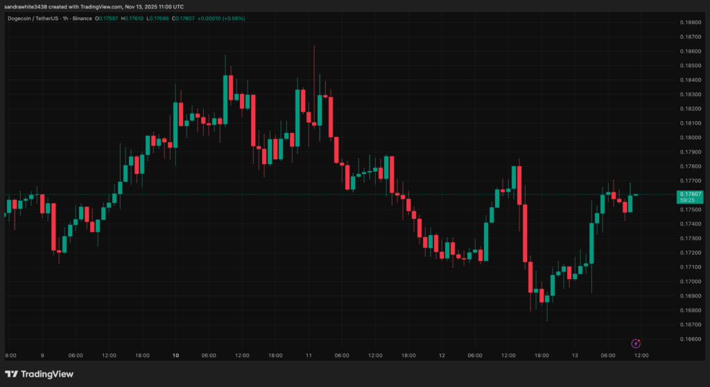graphique du prix du dogecoin doge avec des bougies vertes et rouges sur fond noir