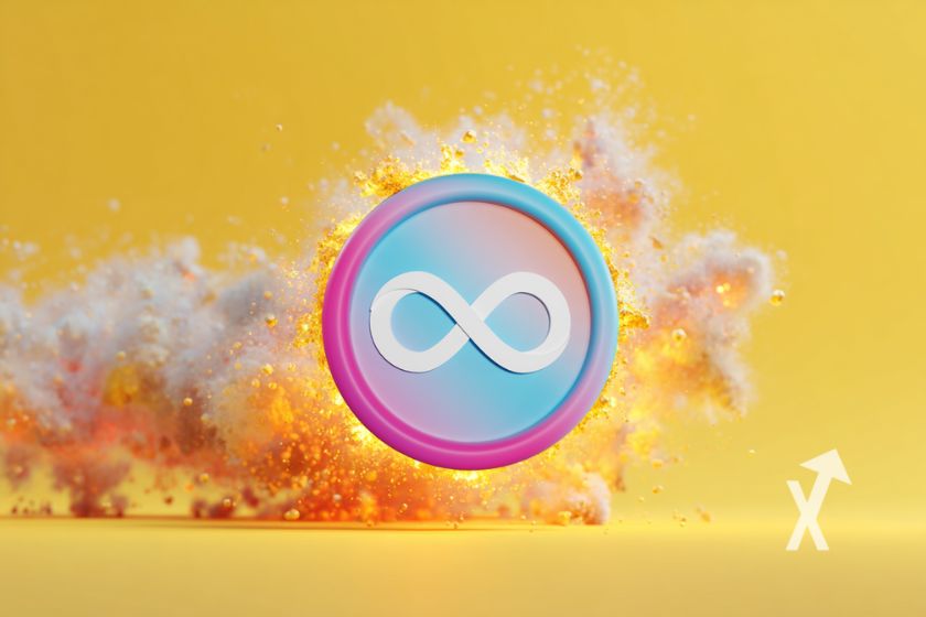 coin ICP (Internet Computer) sur un fond jaune avec de la fumée et explosion orange