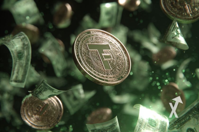 Tether USDT coin sur un fond vert et noir avec billets dollars qui volent partout