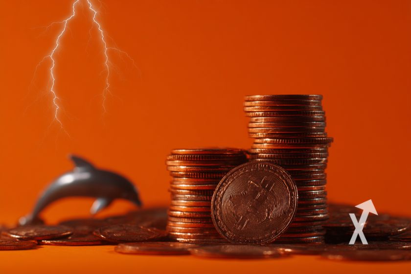 fond orange avec une baleine noire et des crypto tokens empilés