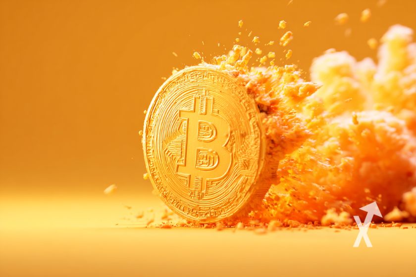 Bitcoin en orange avec fumée orange derrière sur un fond orange