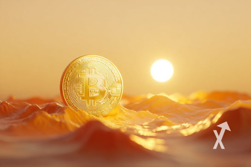 Bitcoin coin sur un sommet de montagnes avec le levée du soleil en fond