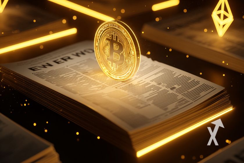 Bitcoin en or sur un journal de news et un lgogo ethereum à droite en néon jaune