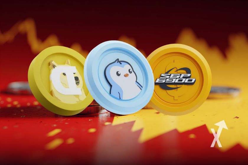 memecoins doge, pengu et SPX6900 sur un fond rouge et jaune