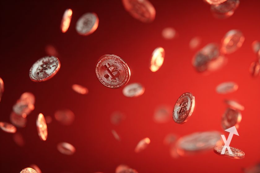 pleins de coins Bitcoin qui tombent du ciel sur un fond rouge