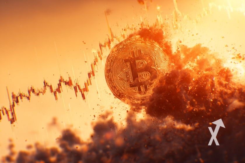 Bitcoin coin sur un fond orange avec un nuage de fumée et une trendline chart price en fond