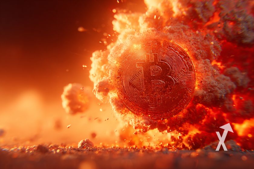 Bitcoin coin en rouge dans un nuage de fumée rouge sur un fond de tempète rouge